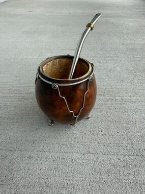 Vintage Yerba Mate Gourd Cup Set with Metal Stand & Bombilla Straw Argentina